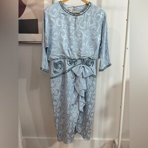 Lauren Alexander Flapper Gatsby Sequin Silk Brocade Midi Dress Light Blue 10